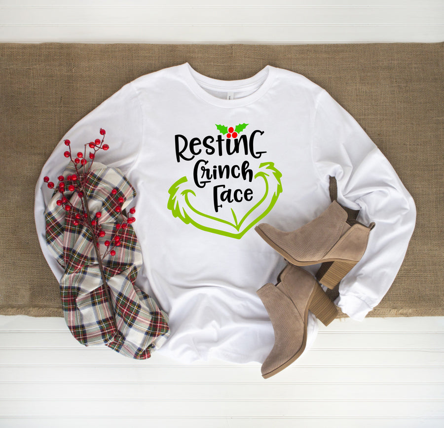 Resting Grinch Face Long Sleeve Tee | Funny Gift | Best Friend Gift | Wife Gift